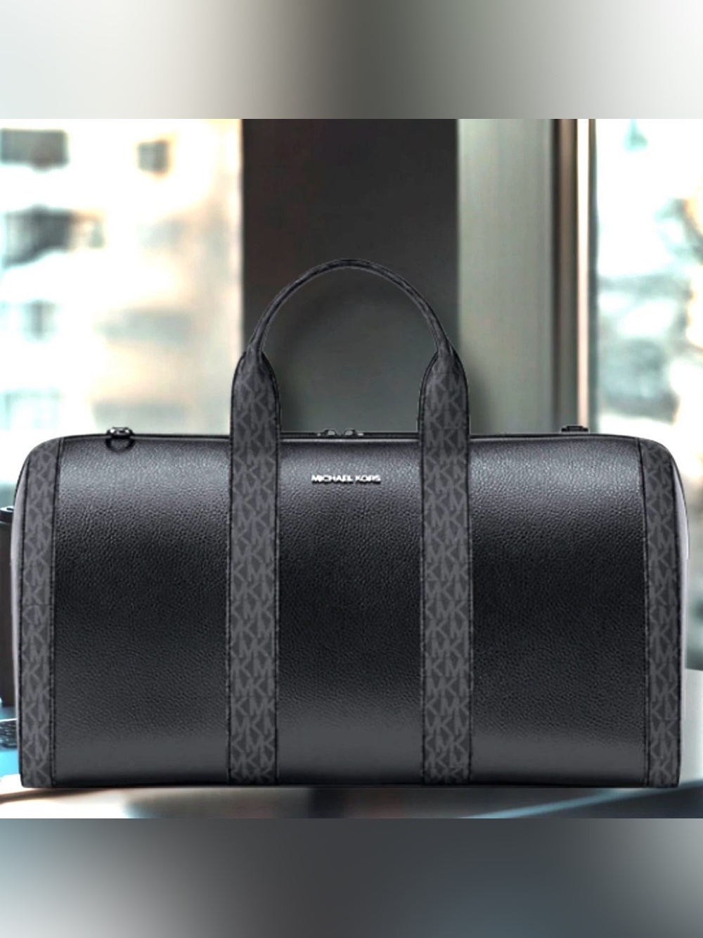 Michael Kors Cooper Pebbled Leather and Logo Duffel Travel Bag Black